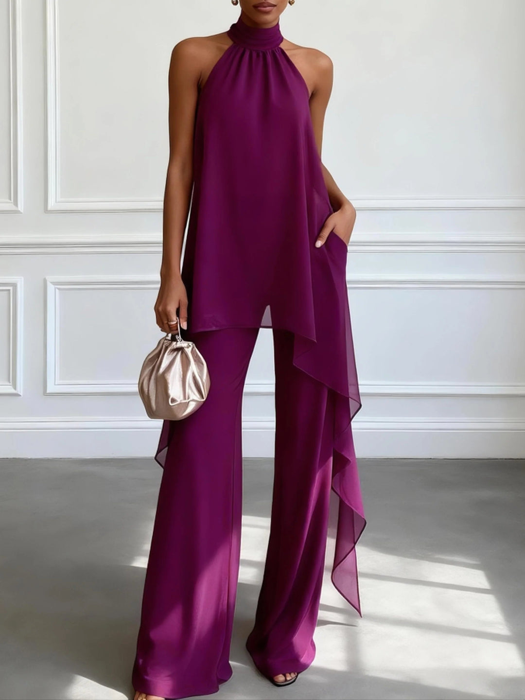 Halter Neck Wide Leg Trousers Matching Set Chiffon Overlay