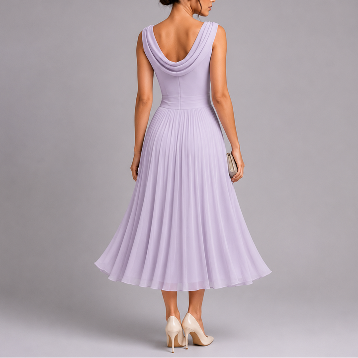 Women's Elegant Pleated Midi Dress with Draped Neckline