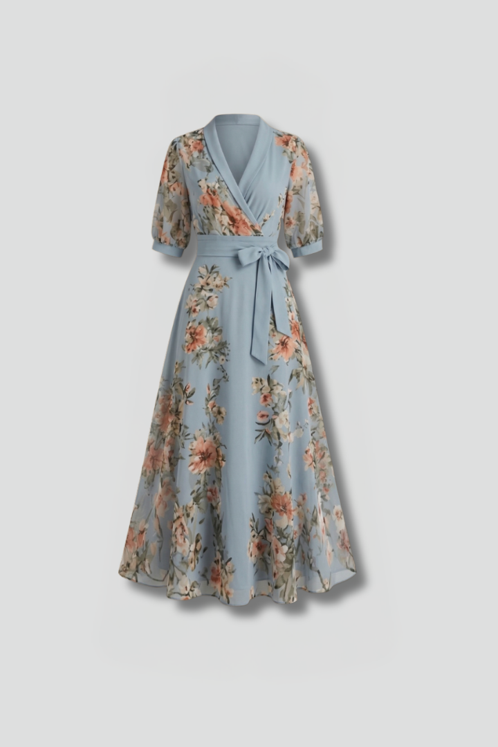Women's Floral Midi Dress V-Neck with Floral Pattern