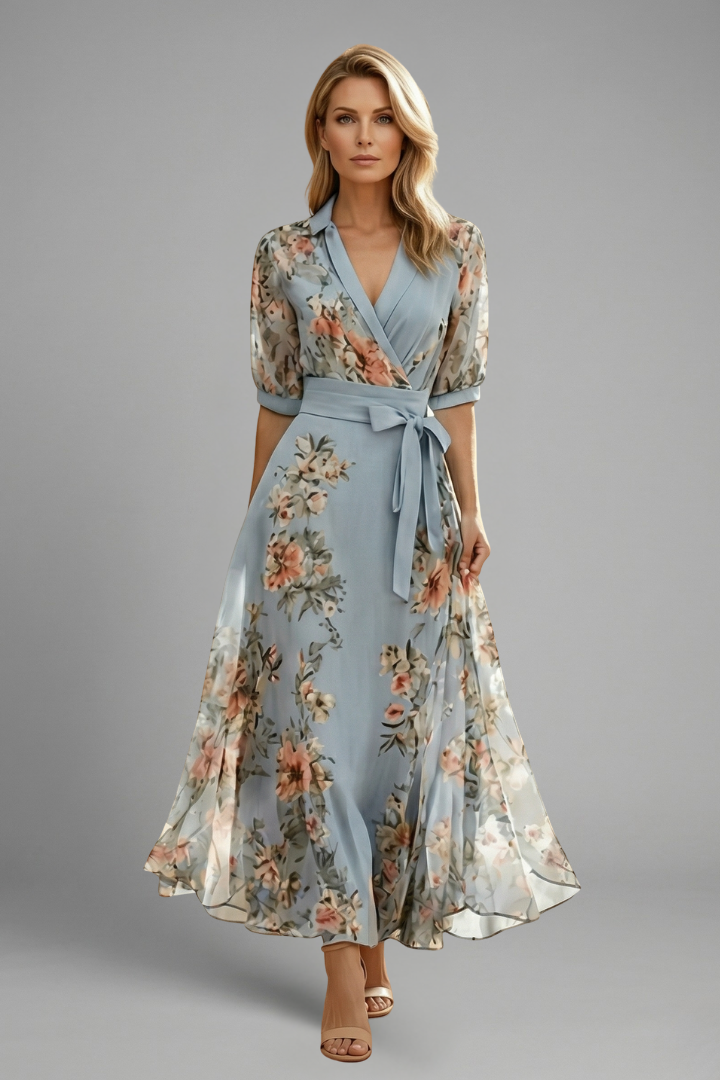 Women's Floral Midi Dress V-Neck with Floral Pattern
