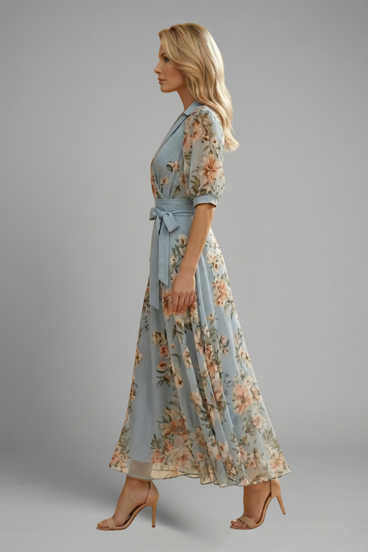 Women's Floral Midi Dress V-Neck with Floral Pattern