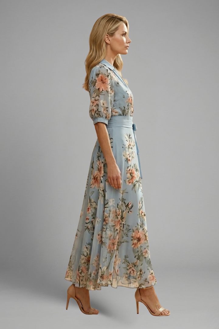 Women's Floral Midi Dress V-Neck with Floral Pattern