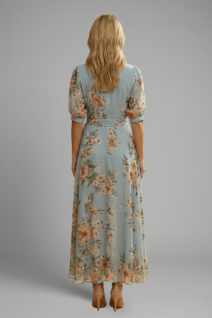 Women's Floral Midi Dress V-Neck with Floral Pattern