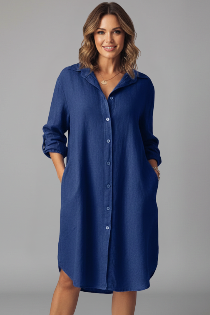 Women’s Shirt Dress with Turned Collar and Button Closure