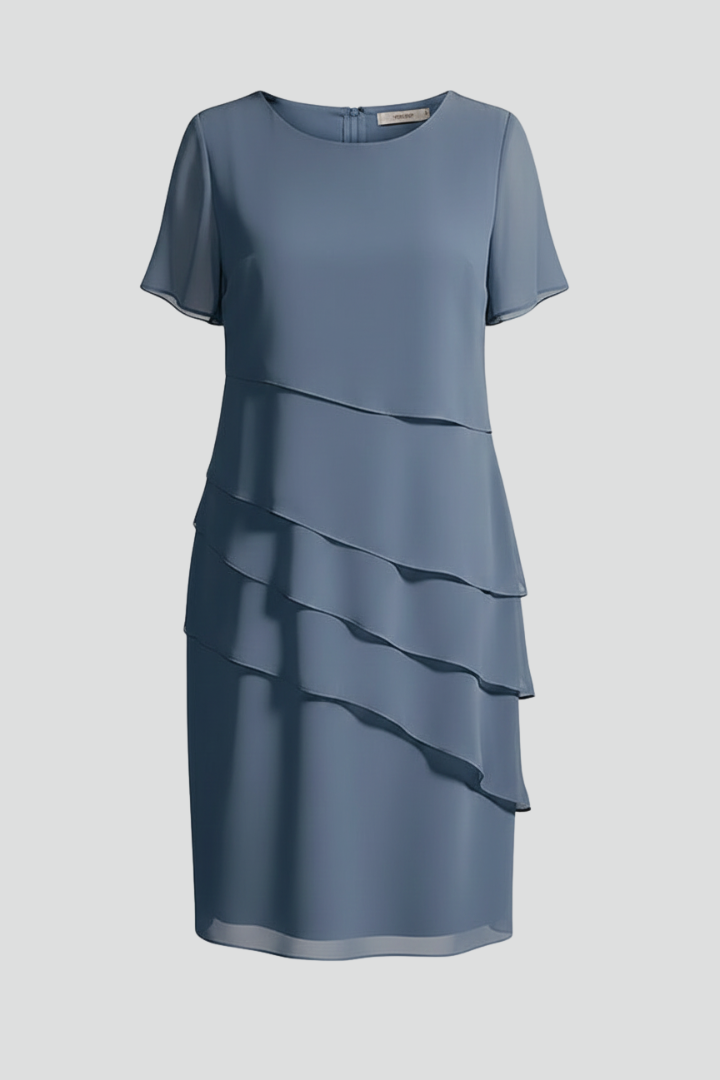 Women's Elegant Tiered Chiffon Short Sleeve Knee Length Dress