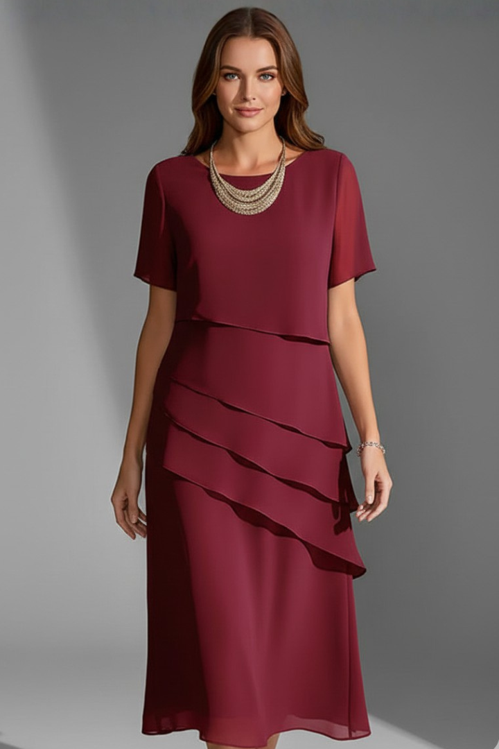 Women's Elegant Tiered Chiffon Short Sleeve Knee Length Dress