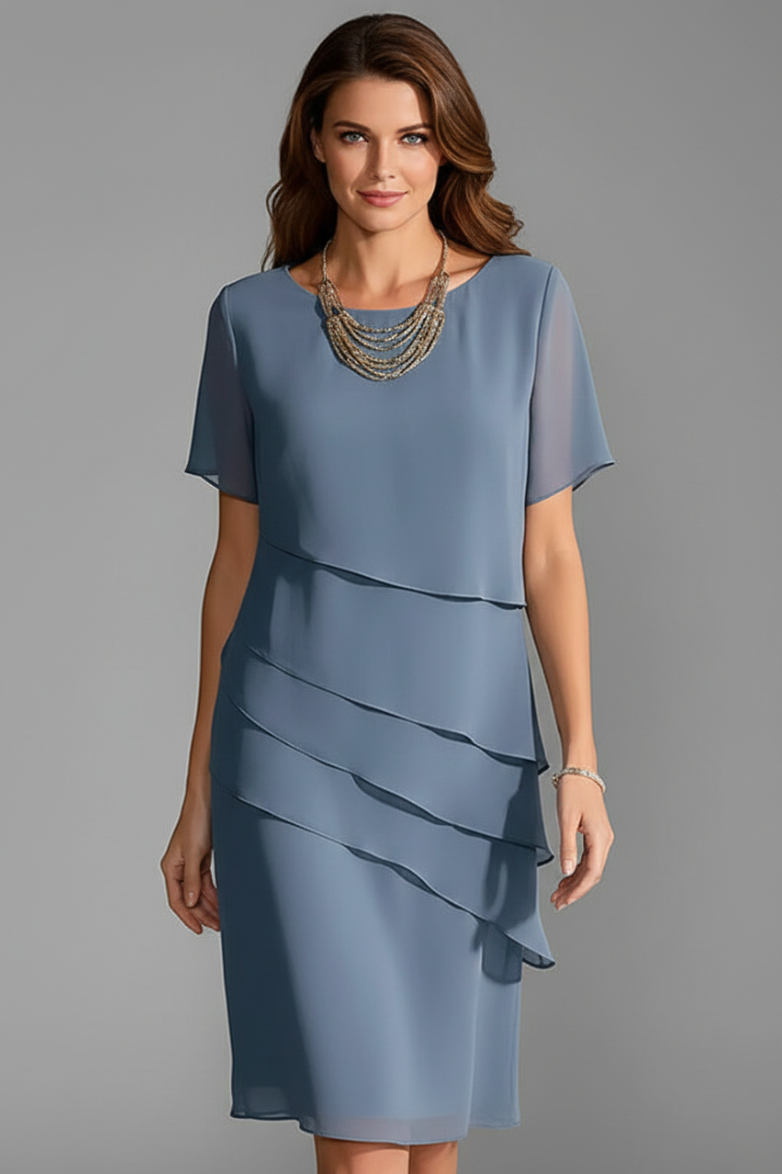 Women's Elegant Tiered Chiffon Short Sleeve Knee Length Dress