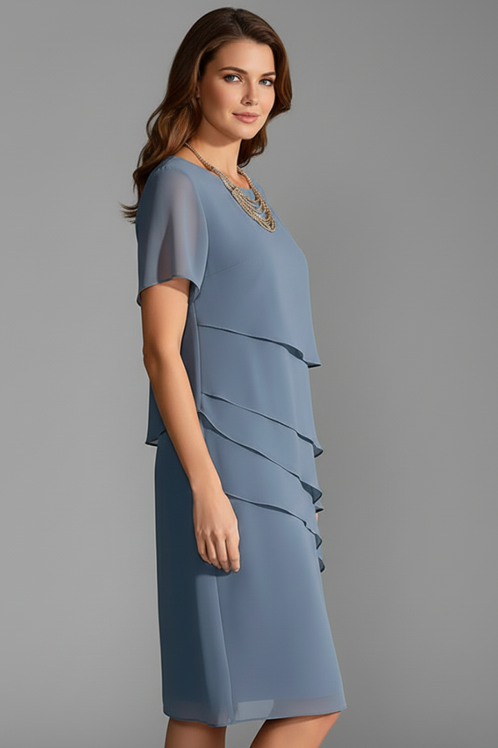 Women's Elegant Tiered Chiffon Short Sleeve Knee Length Dress
