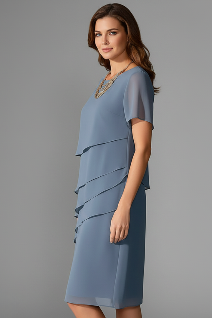Women's Elegant Tiered Chiffon Short Sleeve Knee Length Dress