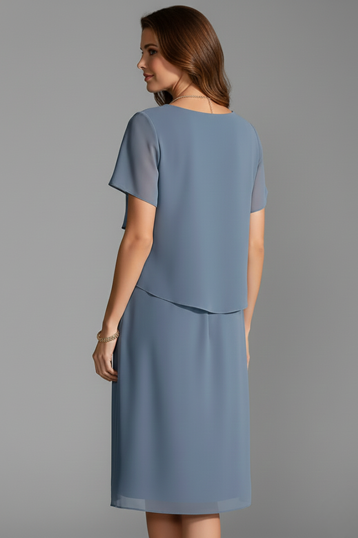 Women's Elegant Tiered Chiffon Short Sleeve Knee Length Dress