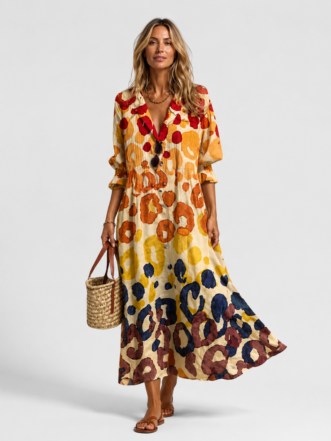 Women's Abstract Print V-Neck Button Front Relaxed Maxi Dress