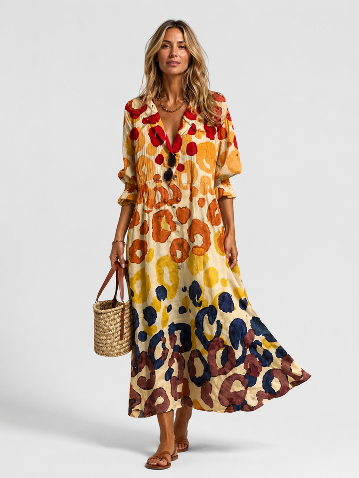 Women's Abstract Print V-Neck Button Front Relaxed Maxi Dress