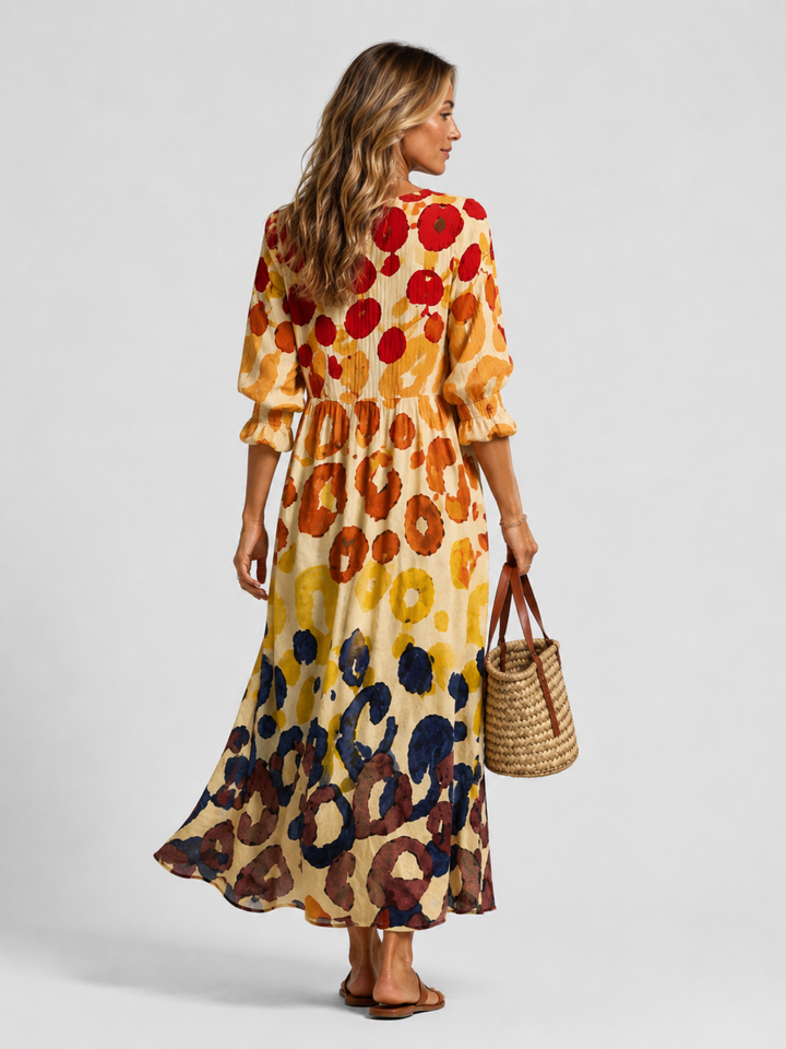 Women's Abstract Print V-Neck Button Front Relaxed Maxi Dress