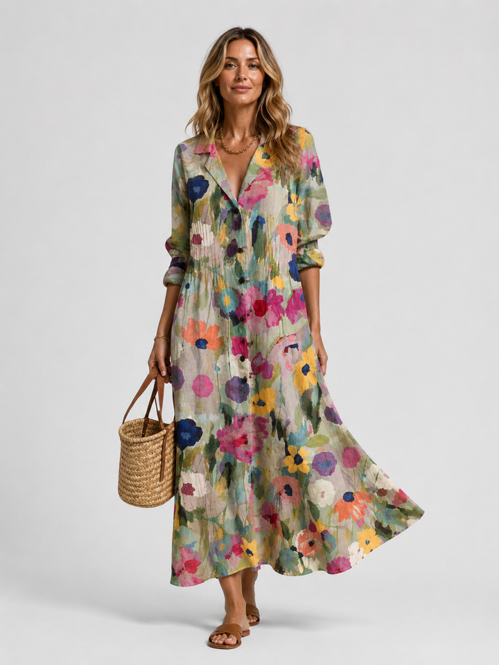 Women's Abstract Print V-Neck Button Front Relaxed Maxi Dress
