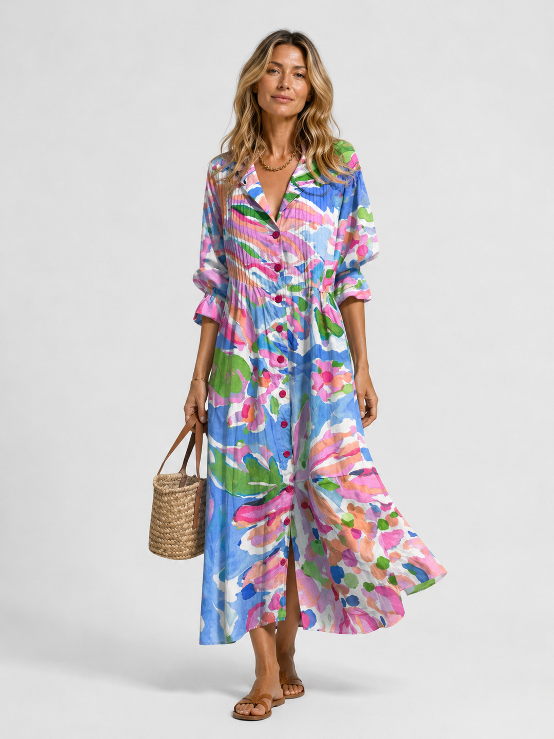 Women's Abstract Print V-Neck Button Front Relaxed Maxi Dress