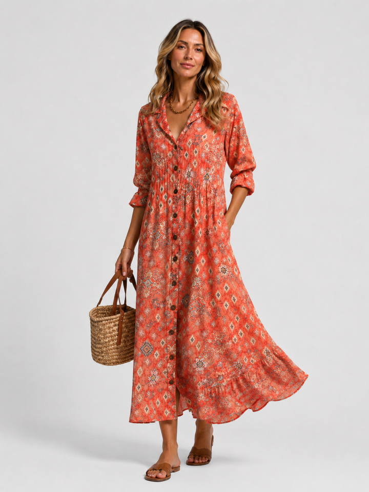 Women's Abstract Print V-Neck Button Front Relaxed Maxi Dress