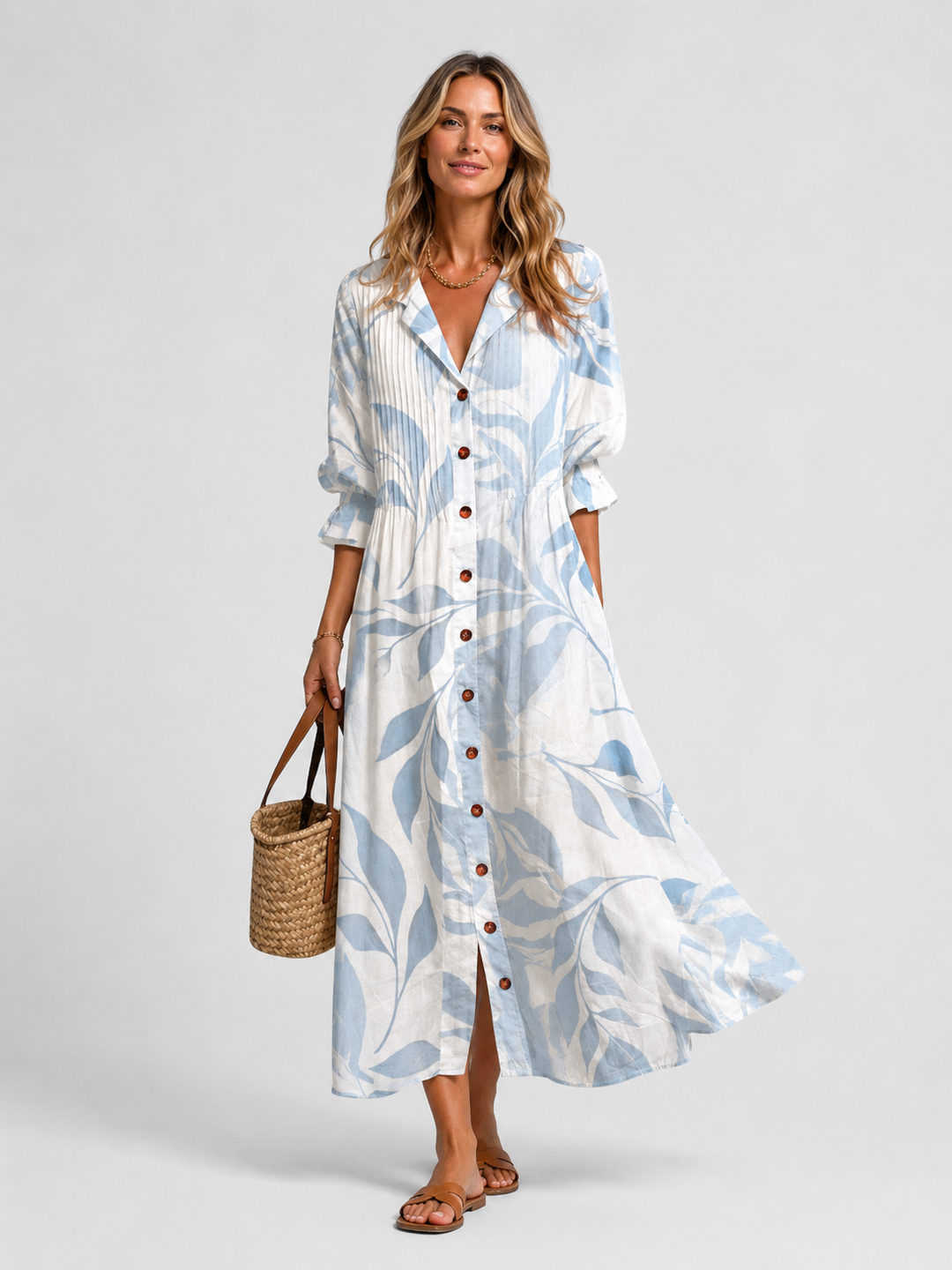 Women's Abstract Print V-Neck Button Front Relaxed Maxi Dress