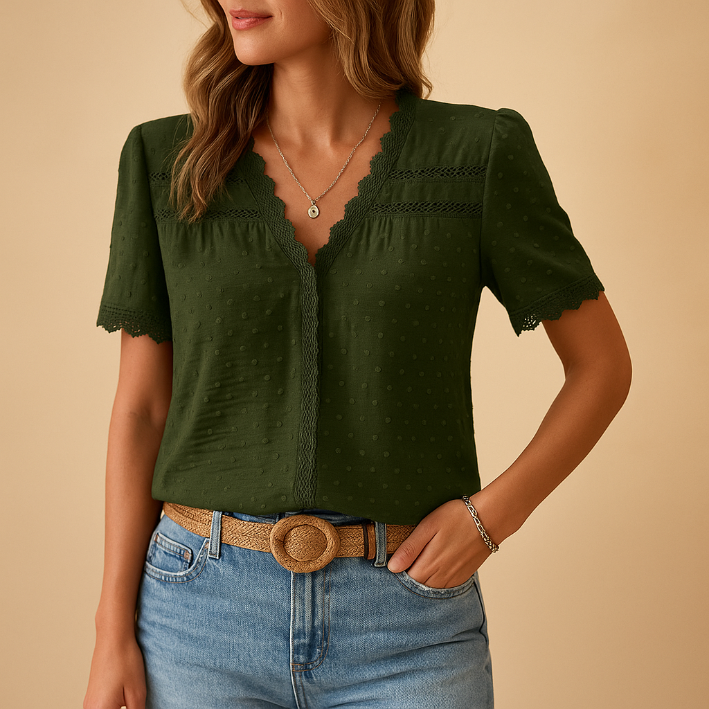 Women's V-Neck Lace Trim Dobby Textured Blouse