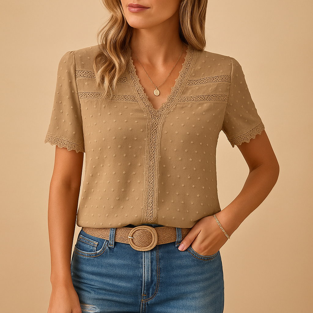 Women's V-Neck Lace Trim Dobby Textured Blouse