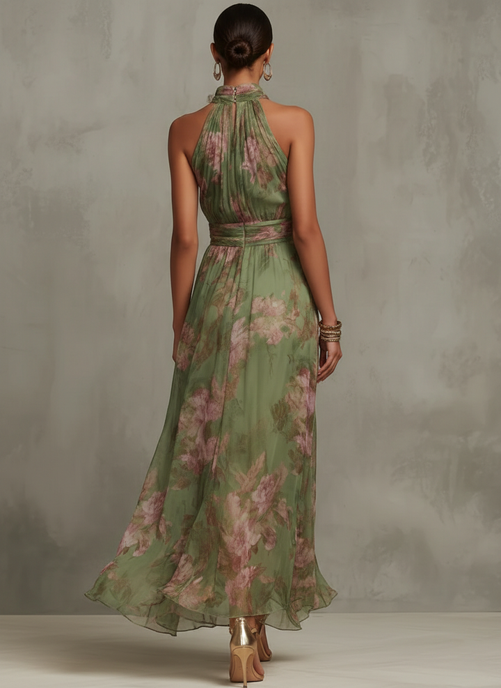 Women's Elegant Floral Halter Neck Maxi Dress Sleeveless
