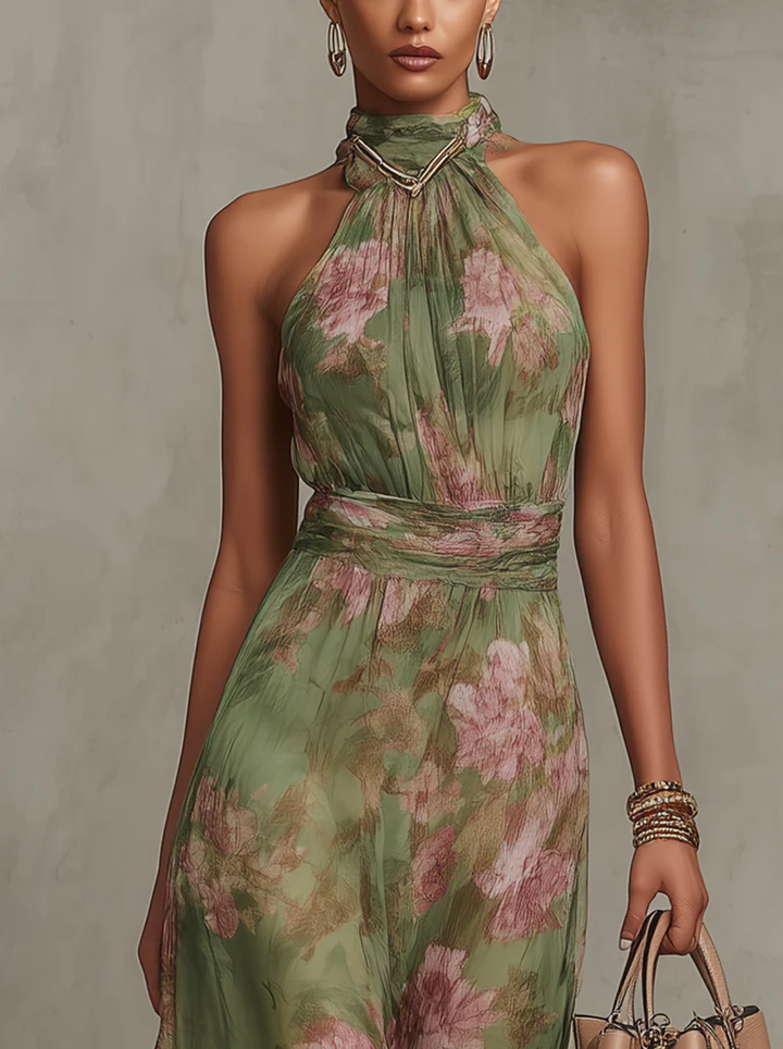 Women's Elegant Floral Halter Neck Maxi Dress Sleeveless