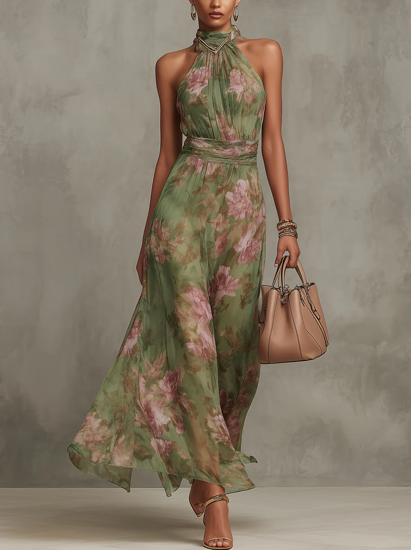 Women's Elegant Floral Halter Neck Maxi Dress Sleeveless