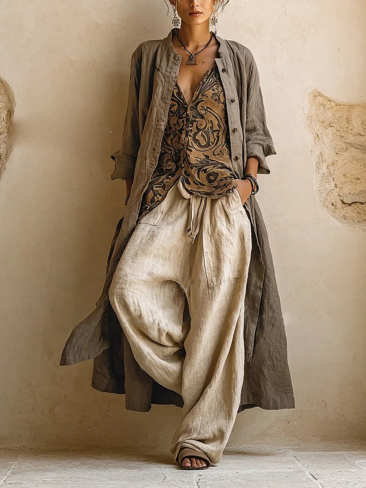Women's Boho Printed Wide Leg Trousers Duster Set