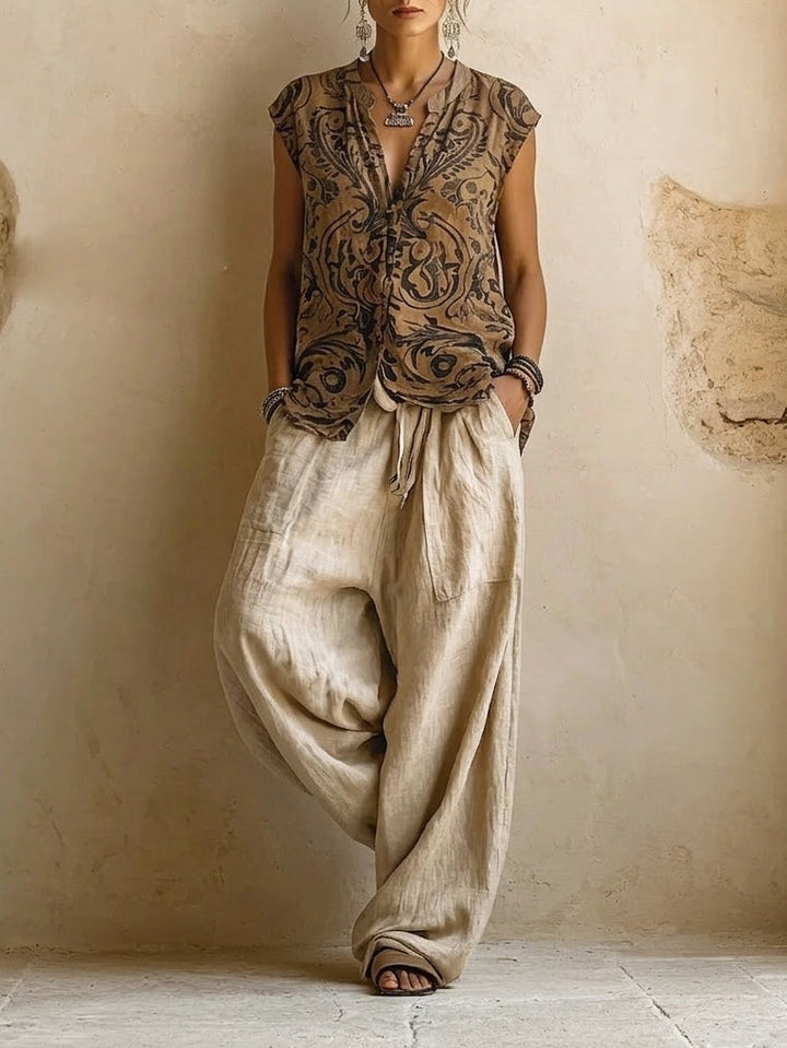 Women's Boho Printed Wide Leg Trousers Duster Set
