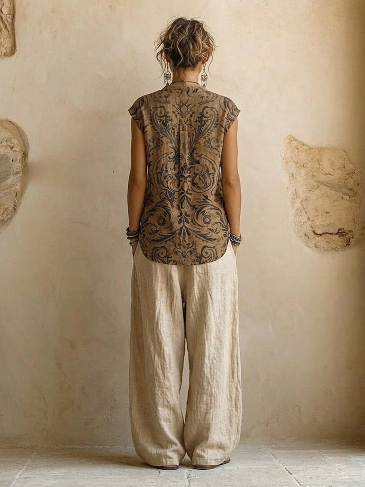 Women's Boho Printed Wide Leg Trousers Duster Set