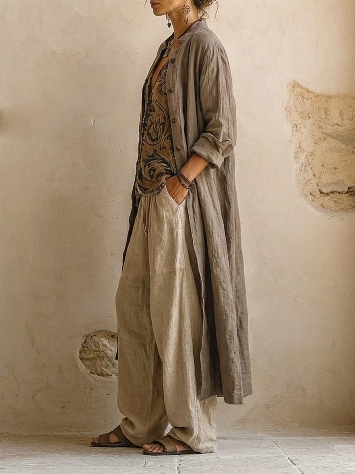 Women's Boho Printed Wide Leg Trousers Duster Set