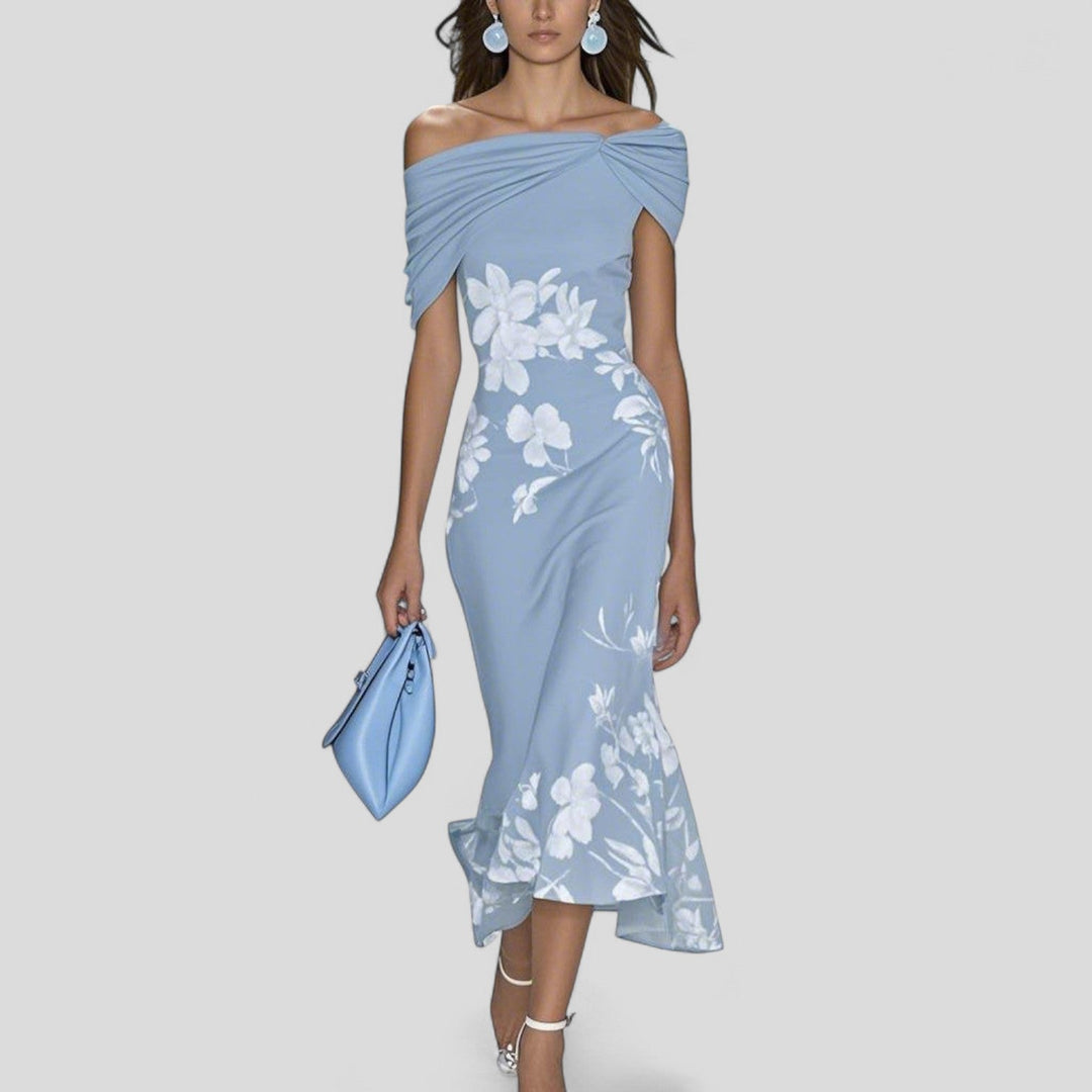 Women's Floral Off Shoulder Midi Dress with Ruffle Hem