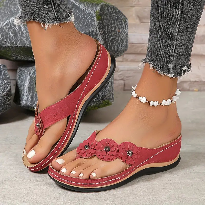 Women's Orthopedic Flower Wedge Thong Sandals