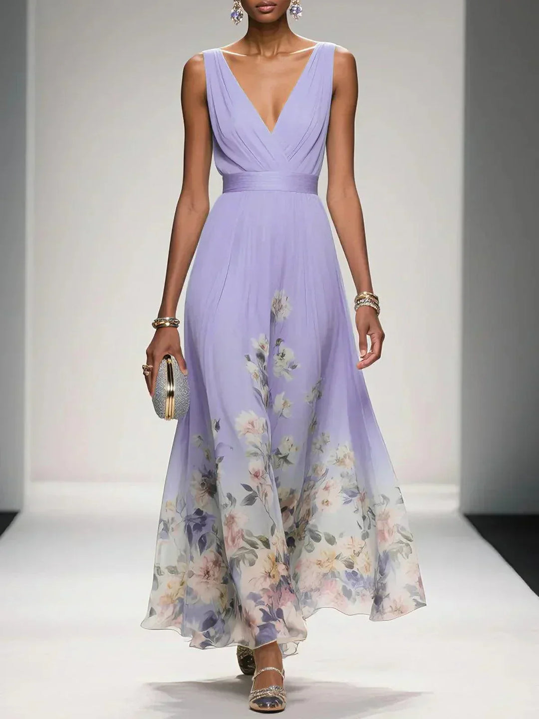 Women's Floral Print Wedding Guest Maxi Dress V-Neck