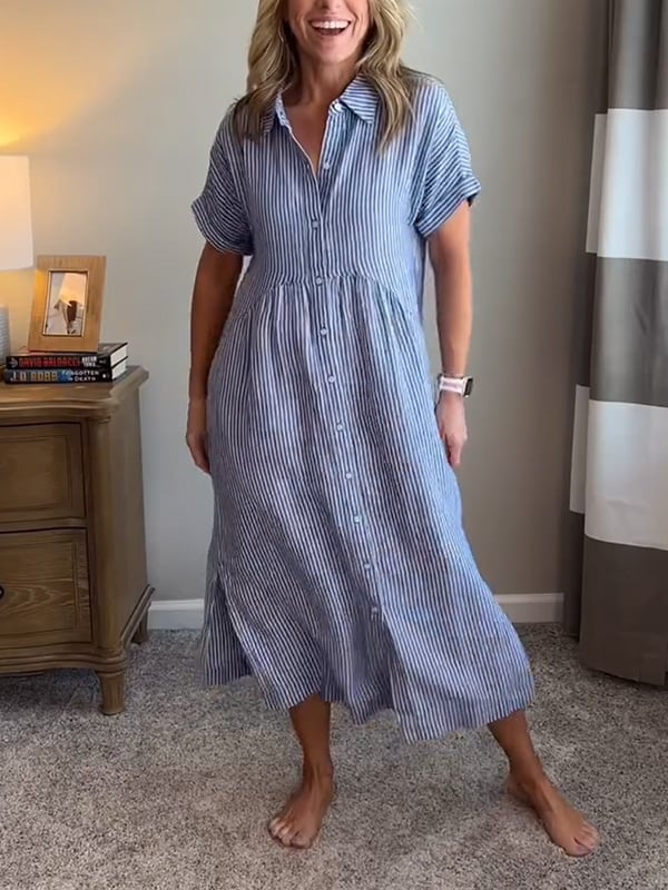 Women's Striped Button Up Midi Dress with Spread Collar and Gathered Waist