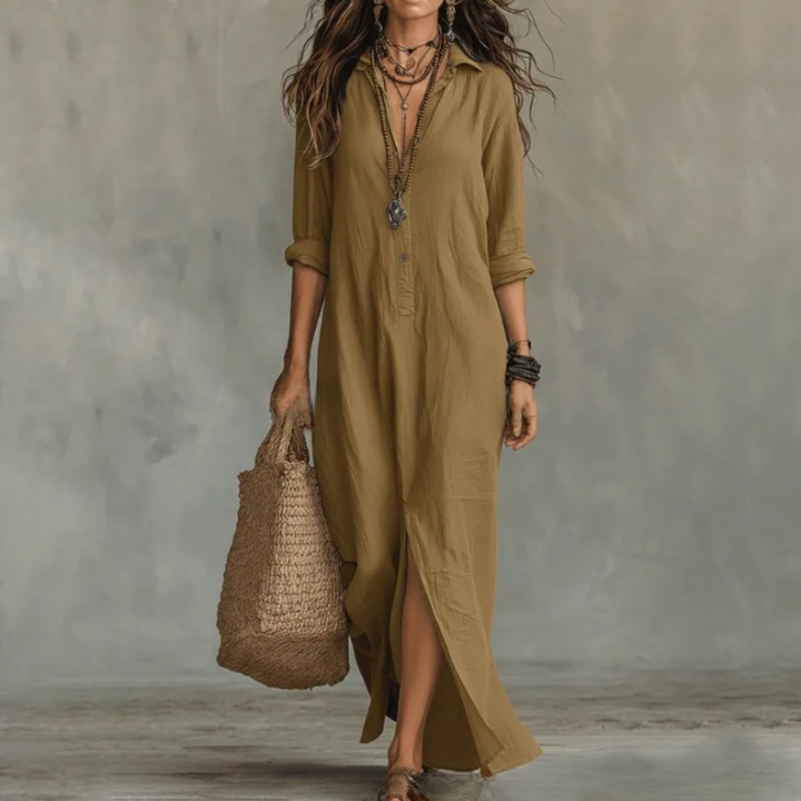 Women's Maxi Shirt Dress with Lapel Collar, Button Placket and Side Split