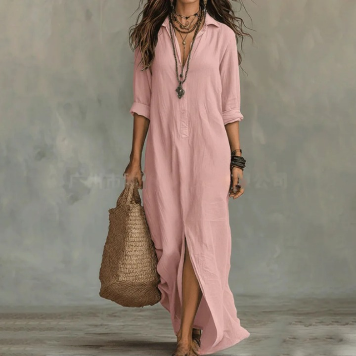 Women's Maxi Shirt Dress with Lapel Collar, Button Placket and Side Split
