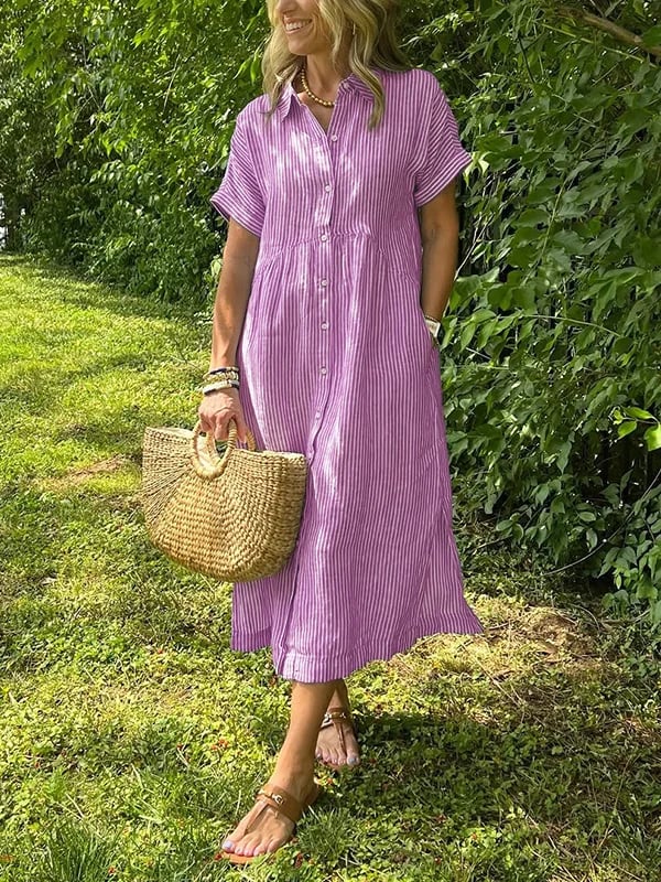 Women's Striped Button Up Midi Dress with Spread Collar and Gathered Waist