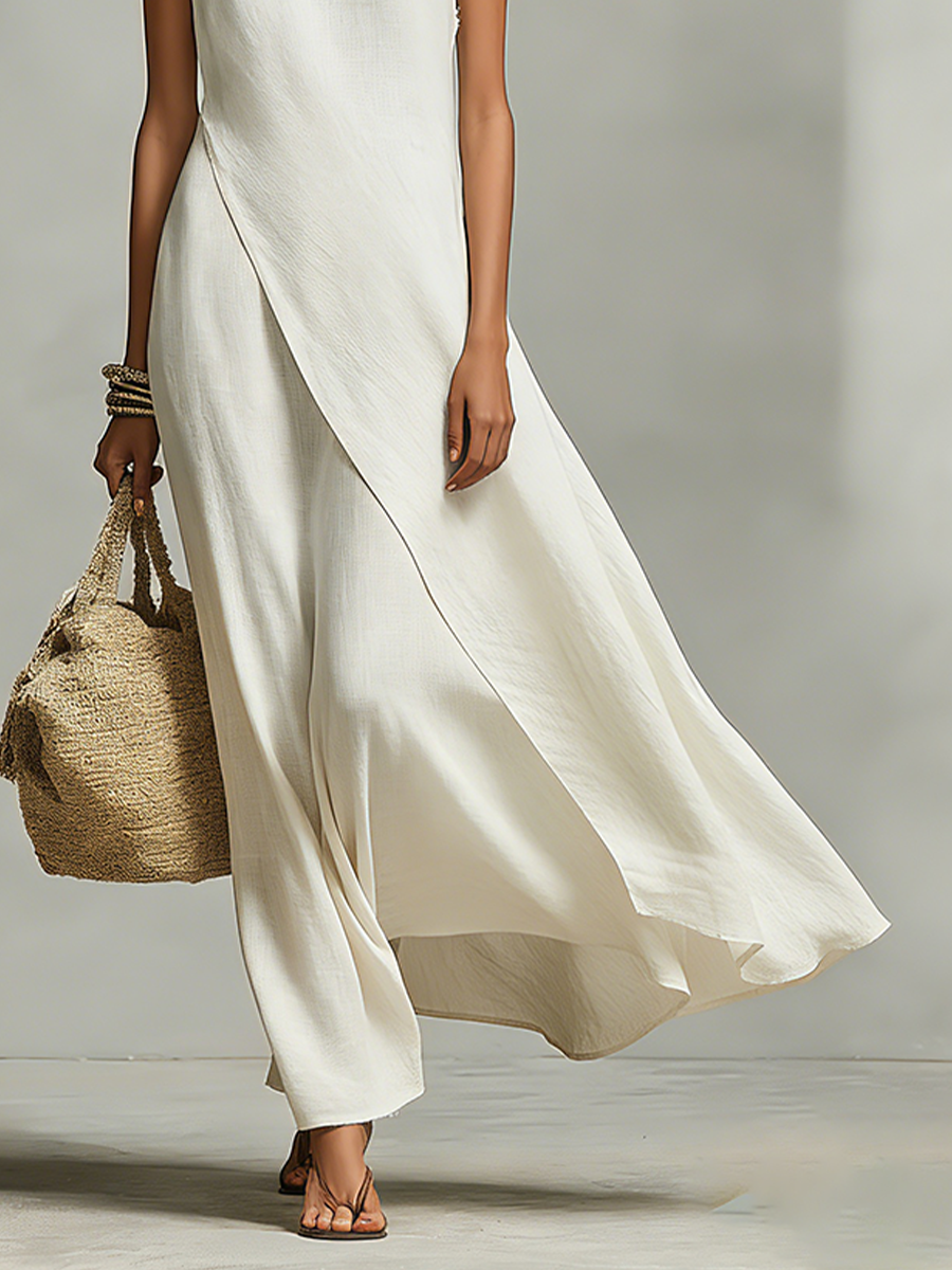 Women's Sleeveless Linen Summer Maxi Dress Asymmetric Draped Hem