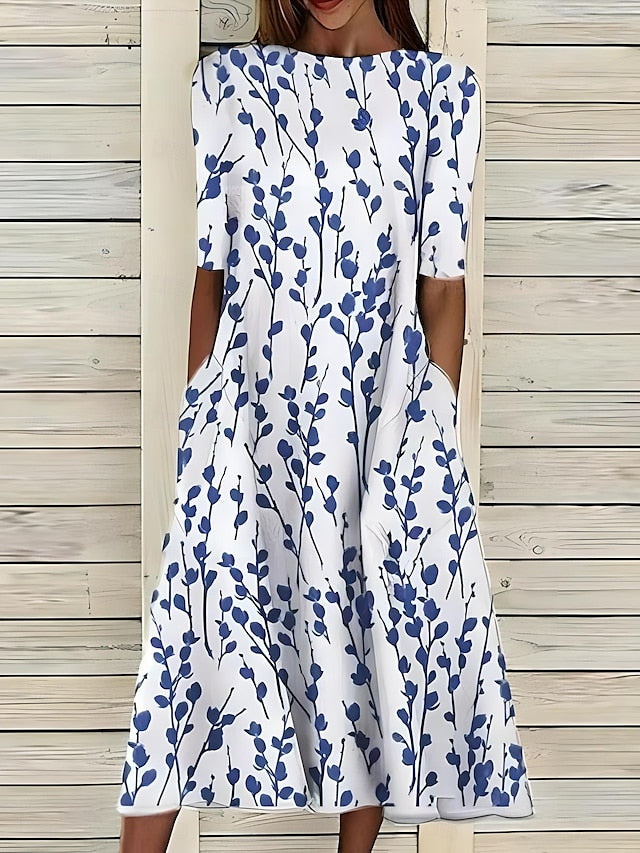Leaf Print Midi Dress Round Neck Short Sleeve A-Line