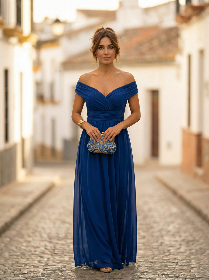 Women's Off Shoulder Chiffon Maxi Dress Ruched Wedding Guest