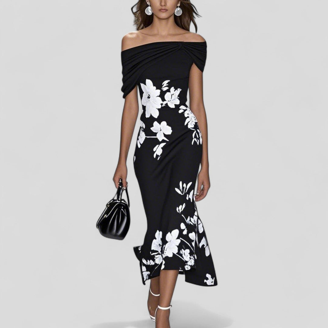 Women's Floral Off Shoulder Midi Dress with Ruffle Hem