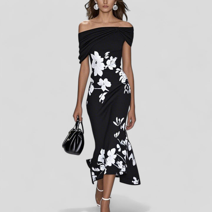 Women's Floral Off Shoulder Midi Dress with Ruffle Hem