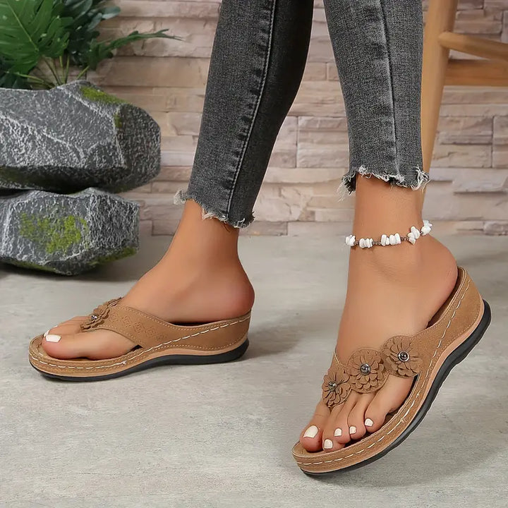Women's Orthopedic Flower Wedge Thong Sandals