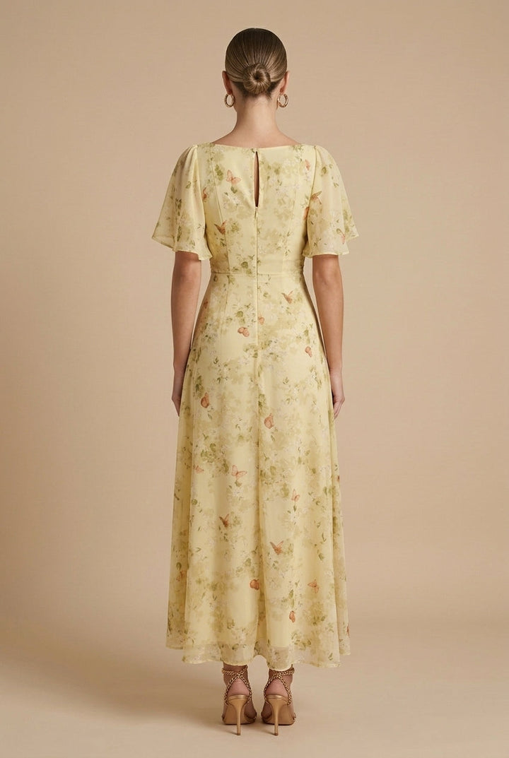 Women's Printed Floral Maxi Dress with Square Neck and Flutter Sleeves