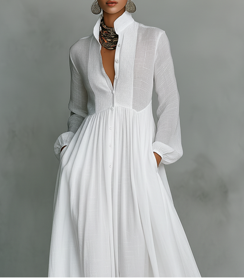 Women's Flowing Button-Front Maxi Dress with Long Sleeves and V-Neckline