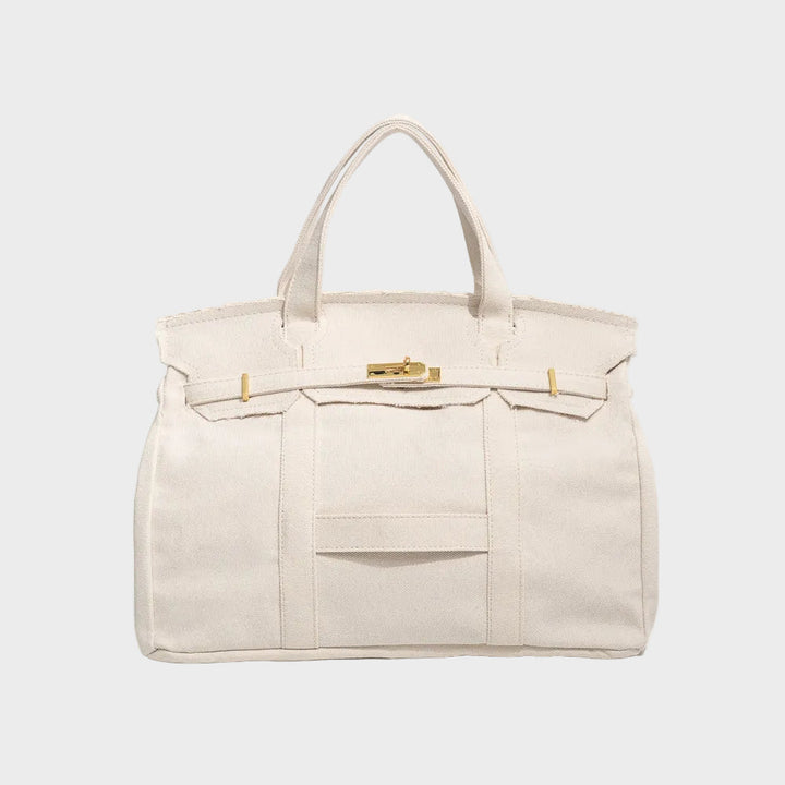 Women's Canvas Structured Tote Bag with Turn-Lock Closure