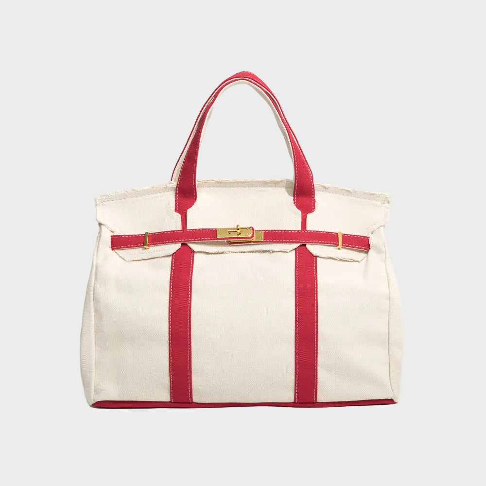 Women's Canvas Structured Tote Bag with Turn-Lock Closure