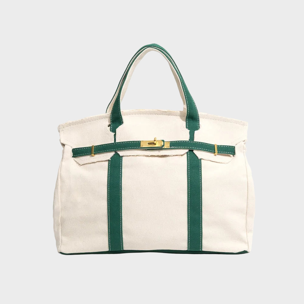 Women's Canvas Structured Tote Bag with Turn-Lock Closure