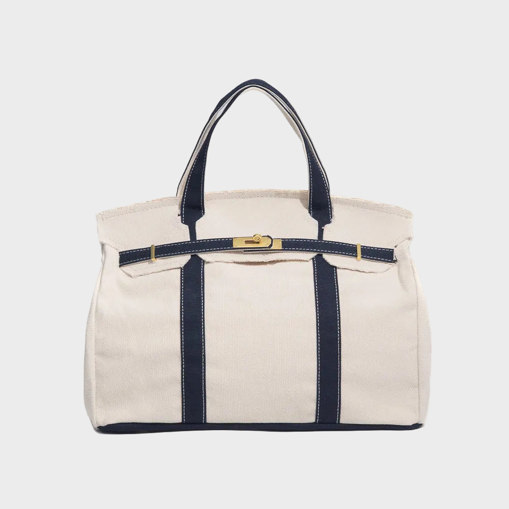Women's Canvas Structured Tote Bag with Turn-Lock Closure