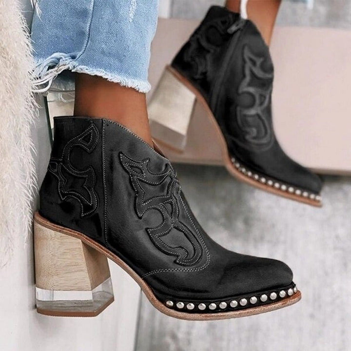 Women's Western Embossed Stud Trim Wood Heel Ankle Boots
